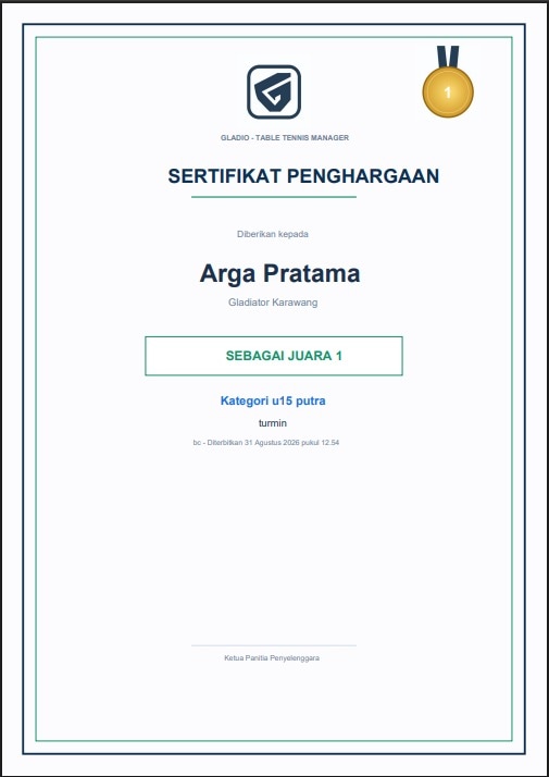 Sertifikat penghargaan otomatis lengkap dengan medali juara