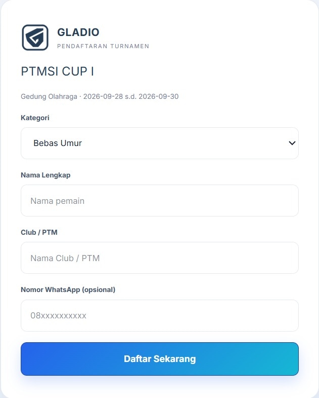 Form Pendaftaran Online mandiri untuk calon peserta turnamen
