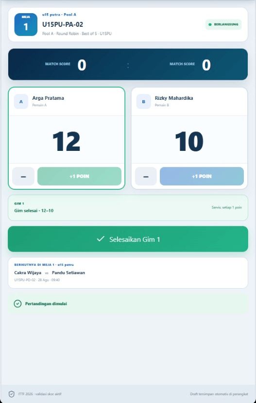 Tampilan Mode Wasit Mobile untuk input skor live